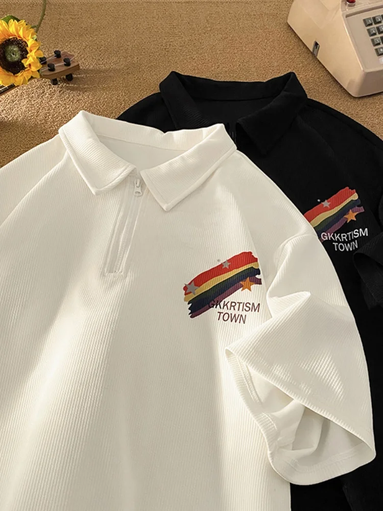 

Повседневная мужская футболка с коротким рукавом, воротником-стойкой на молнии, дышащая, легкая, летняя, модная, для подростков, в американском стиле