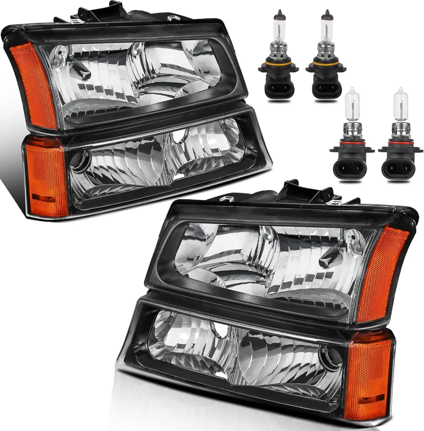 Headlight Assembly Compatible with 2003-2006 Chevy Avalanche/2003-2007 Chevrolet Silverado 1500 2500 3500 Headlamp w/Bulb Black