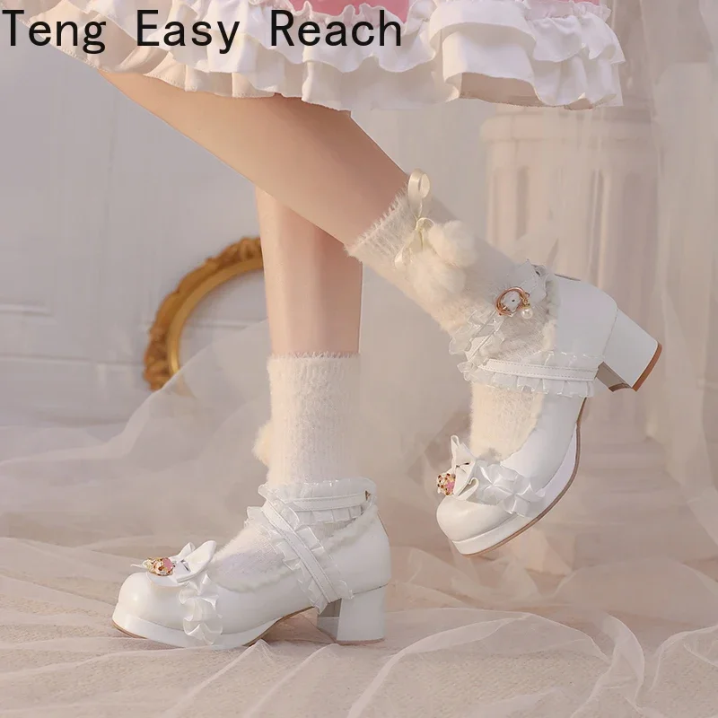 Women High Heels Cross Strap Mary Jane Pumps Party Wedding White Pink Black Ruffles Bow Princess Cosplay Lolita Shoes 31-43