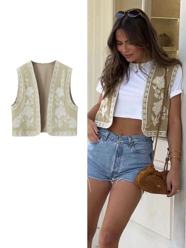 TRAF Summer 2024 Women Sleeveless Embroidered Vest Causal Female Vintage Boho Vest Woman Cropped Jacket Waistcoat Women Cardigan