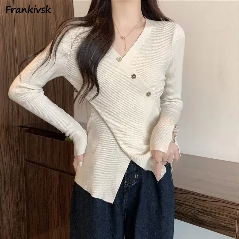 

V-neck Sweaters Women Criss-cross Silt Fashion Slim Stretchy Spring Full Sleeve Streetwear Korean Style Daily Office Lady Retro