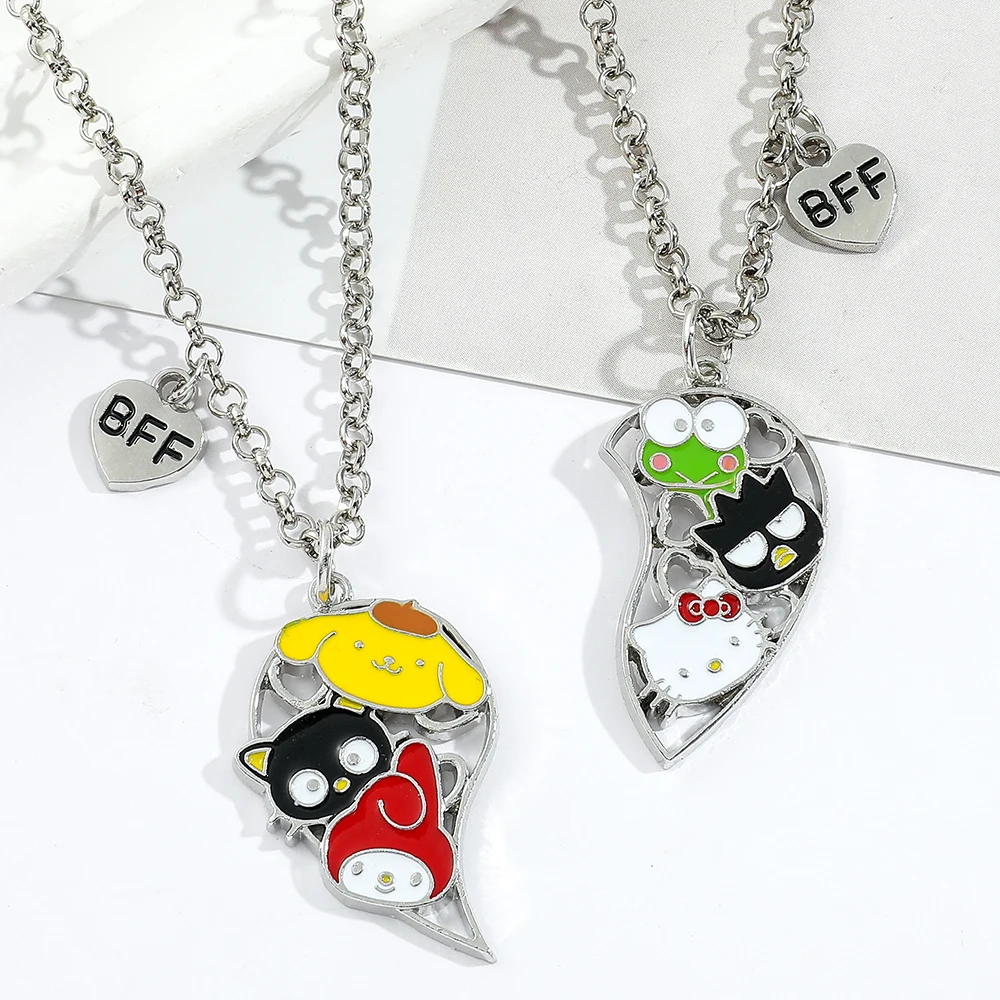 2pcs Hello Kitty Melody Couple Set Necklace Anime Cartoon Peripheral Heart Hollow Out Pendant Neck Chain Festival Gift for Lover