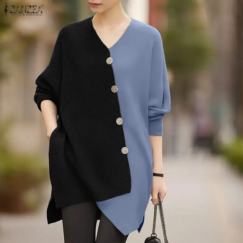 

ZANZEA Contrast-Color Ribbed Knit Patchwork T-Shirts Women's Spring Autumn V-Neck Long Sleeves Long Pullover Tops Woman Clothes