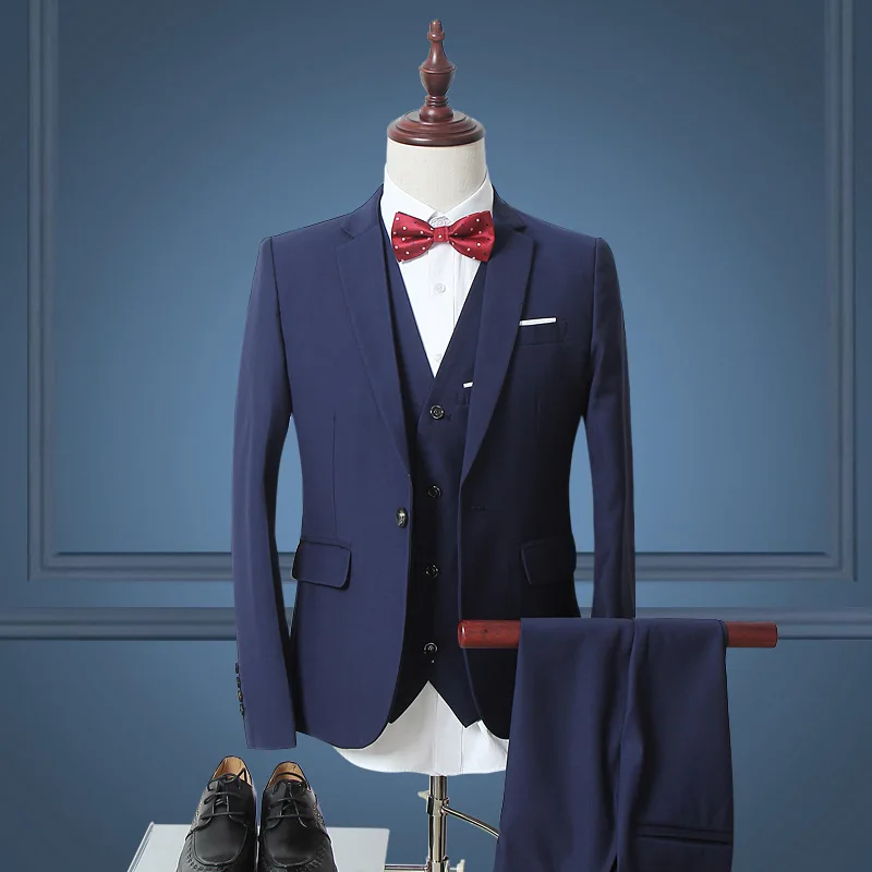 

Men's 3 Piece Suit Navy Blue Slim Fit Formal Business Blazer Vest Pants Set for Wedding Party