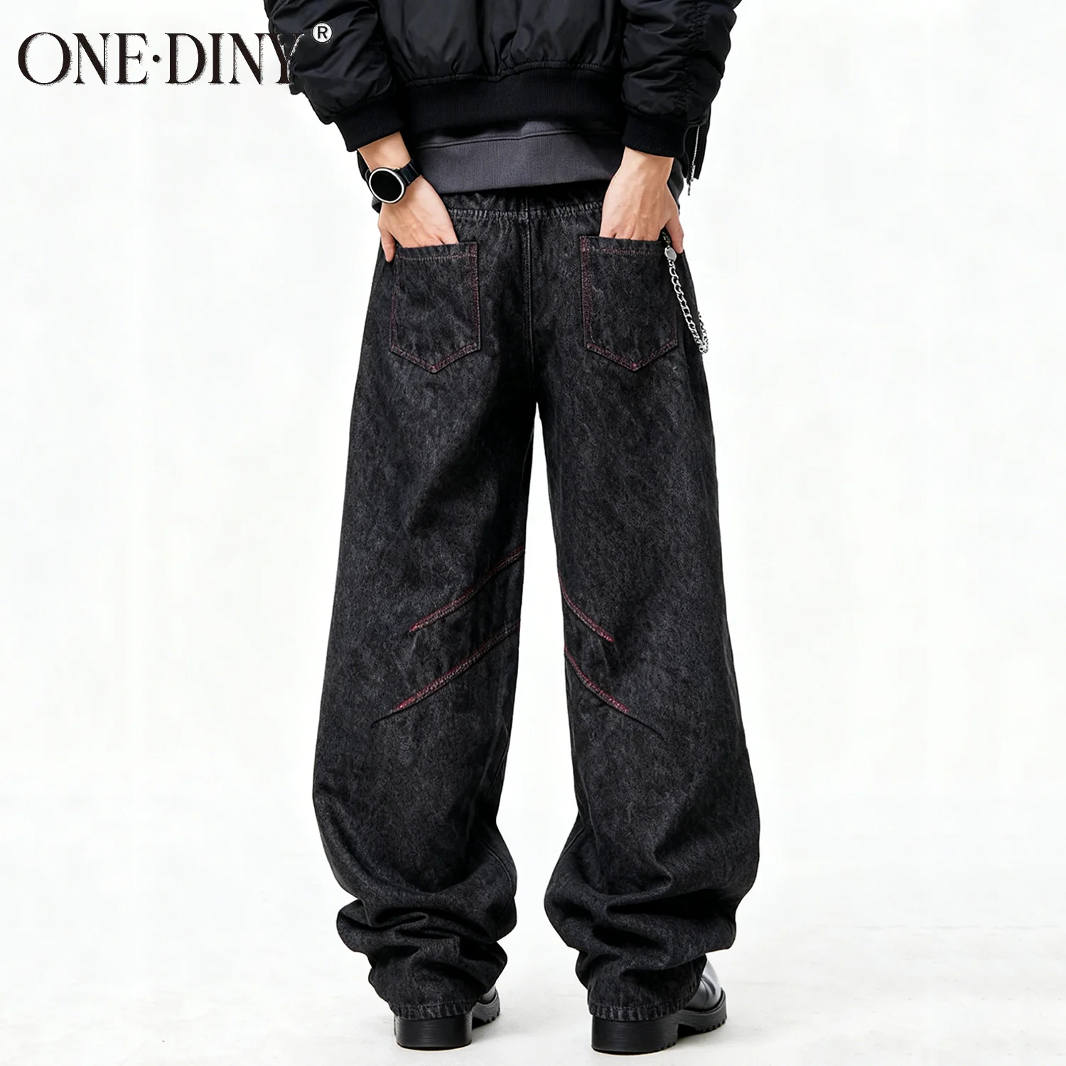 ONE·DINY Four Seasons American Retro Men Black Baggy Wide Leg Jeans Basic Business Casual Loose Denim Pants Unisex Street Jeans