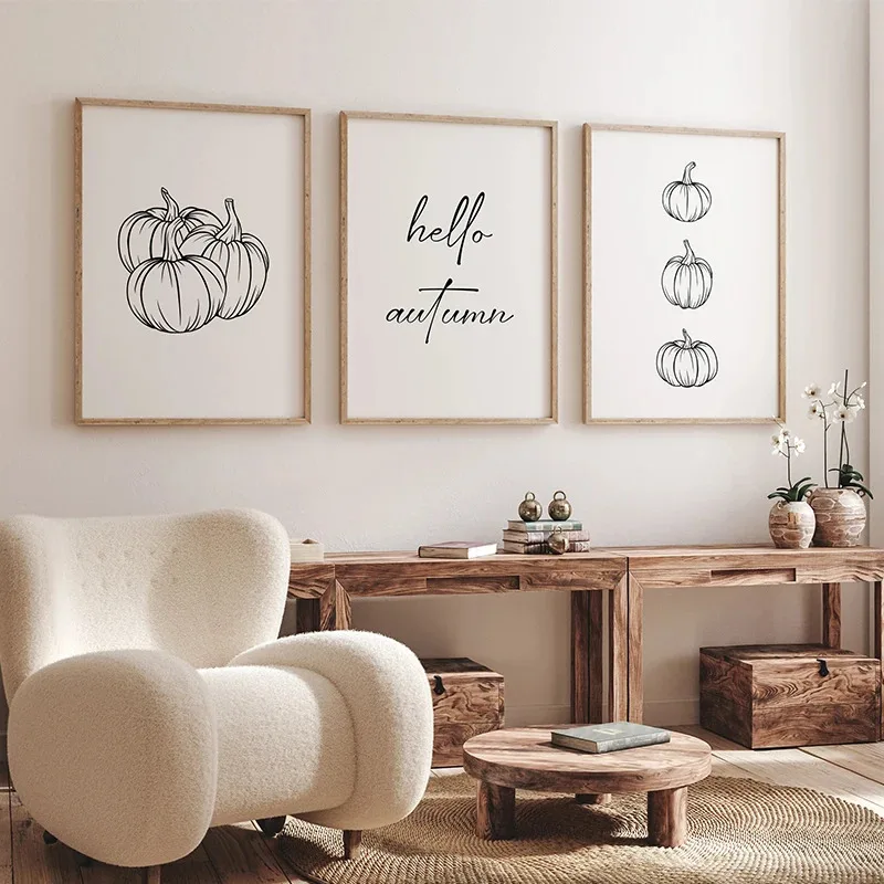 1pc frameless Canvas painting Minimalism Black and White Pumpkin Posters Prints Canvas Painting Hello Autumn Wall Art Picture
