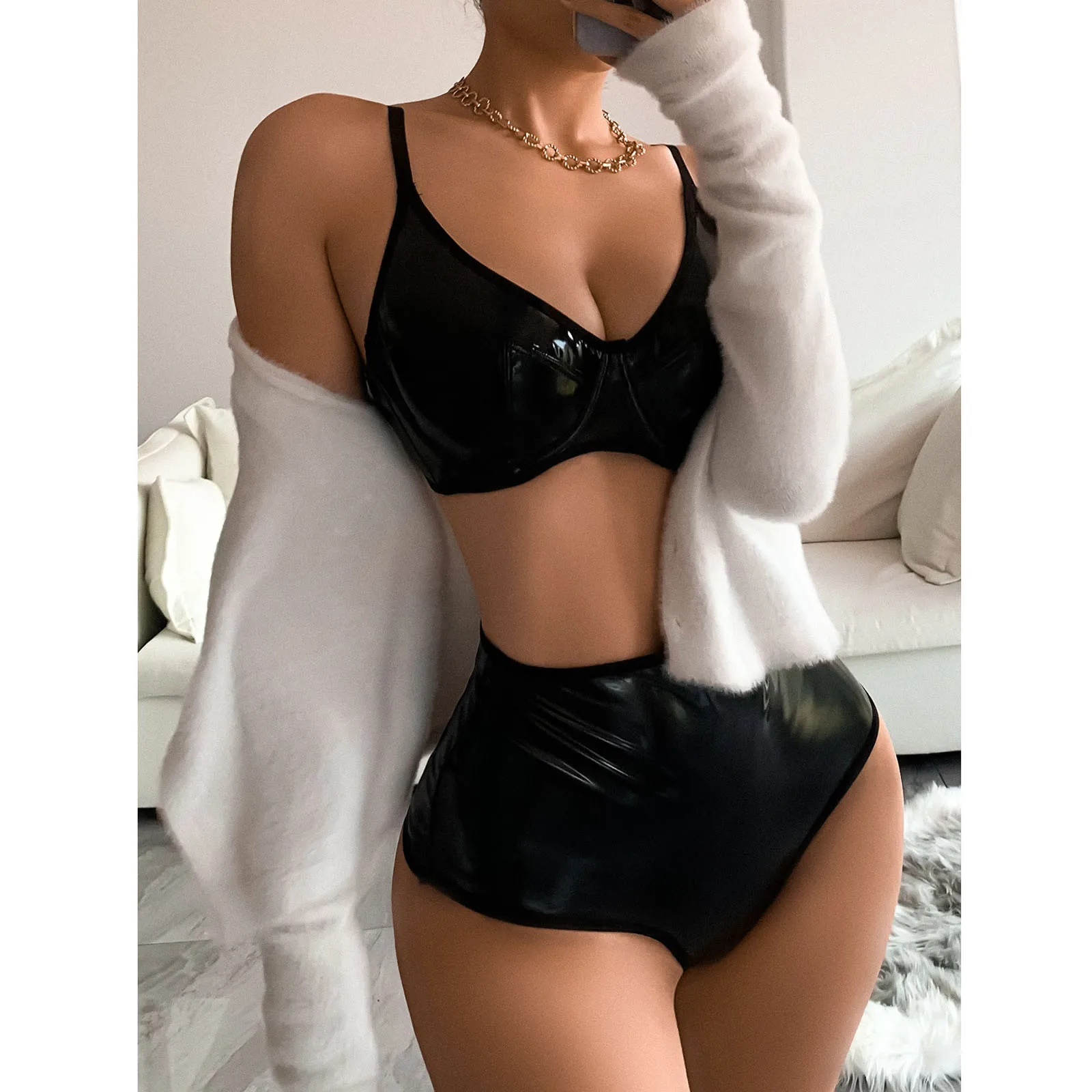 Women Sexy Up Leather Underwear Set Glossy Stretchy Push Up Seamless Bra High Waist Elastic Panty Lingerie Set Night Clubwear