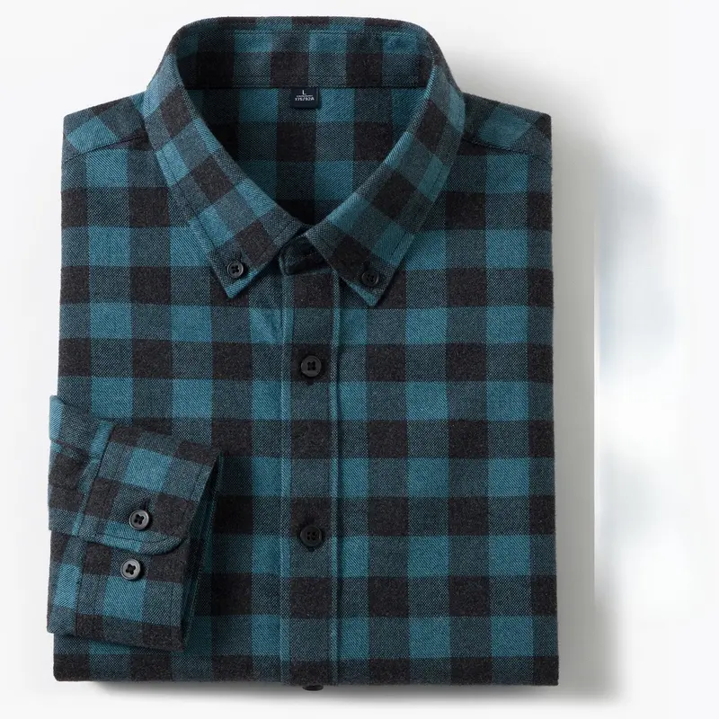 New in Shirt Plaid 100%Cotton Brushed Long Sleeve Shirts for Men Slim Fit Casual Tops High Quality Designer Vintage Clothes - Image 5