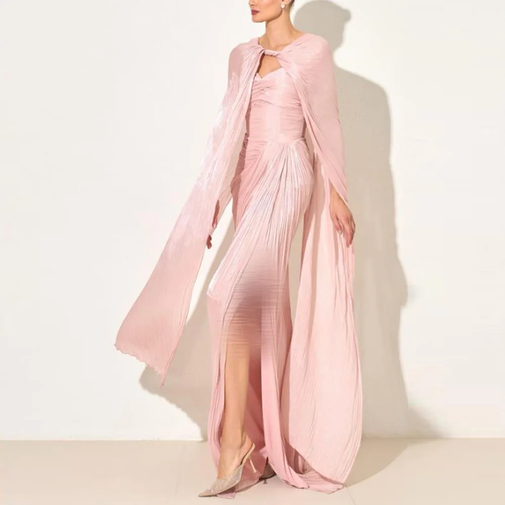 Gaun Malam Berlipat Khusus dengan Gaun Formal Putri Duyung Cape Sweetheart dengan Gaun Pesta Pernikahan Merah Muda Terpisah dengan Syal