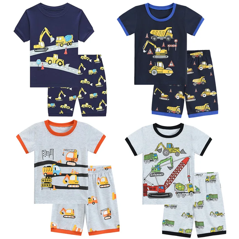 Little Hand Toddler Boys Short Sleeve Pajama Set Kids Cartoon Engineering Vehicle Print T-Shirt Summer 2 Piece Sleepwear Outfit