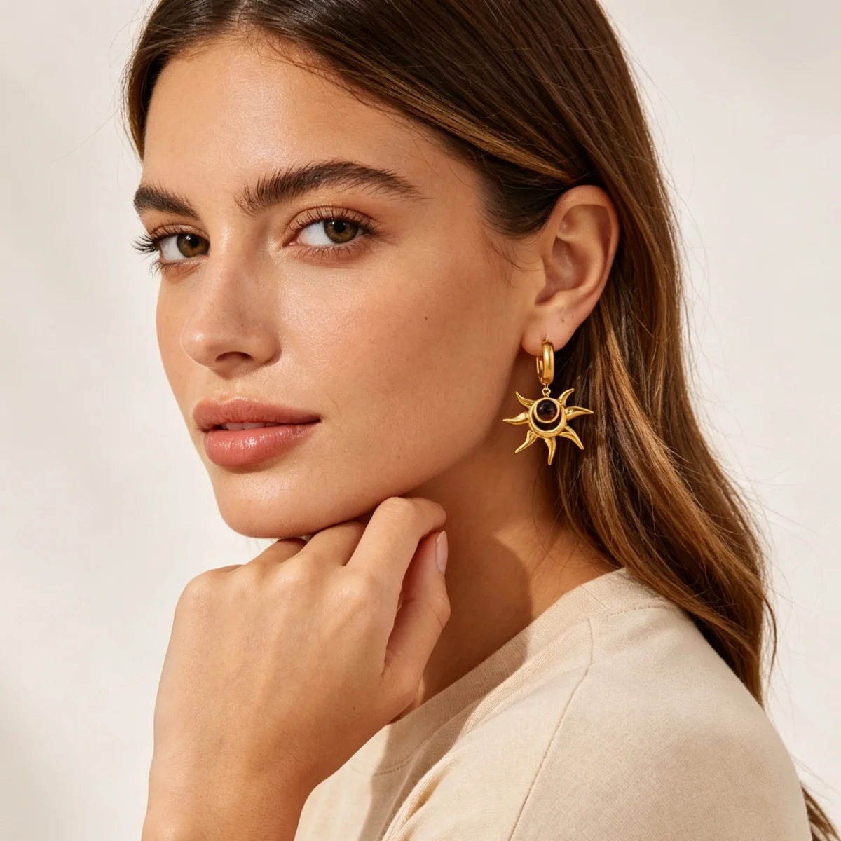 Vintage Sunburst Imitationsperlen-Ohrhänger für Damen, goldfarben, Edelstahl, Creolen, hängende Ohrringe, Schmuck – Detail 8