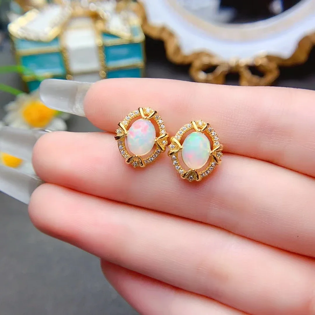 Multi Color Opal Stud Earrings 7mm*9mm Natural Australia Opal Earrings Anti Allergy 18K Gold Plating 925 Silver Gemstone Jewelry