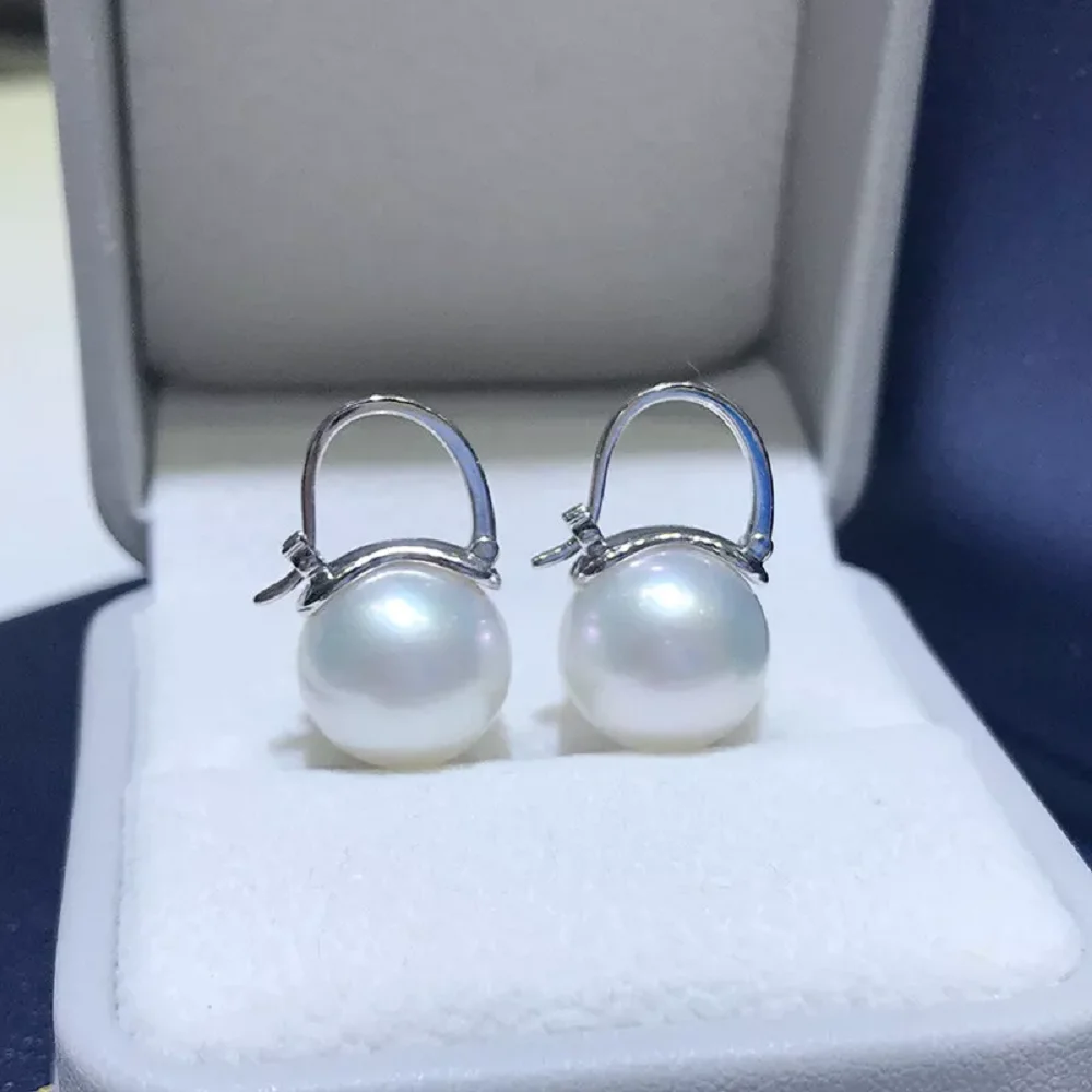 Beautiful 10-11mm AAA+Grade White+Gray South Sea Round Pearl Earrings 18K/AU750 Platinum