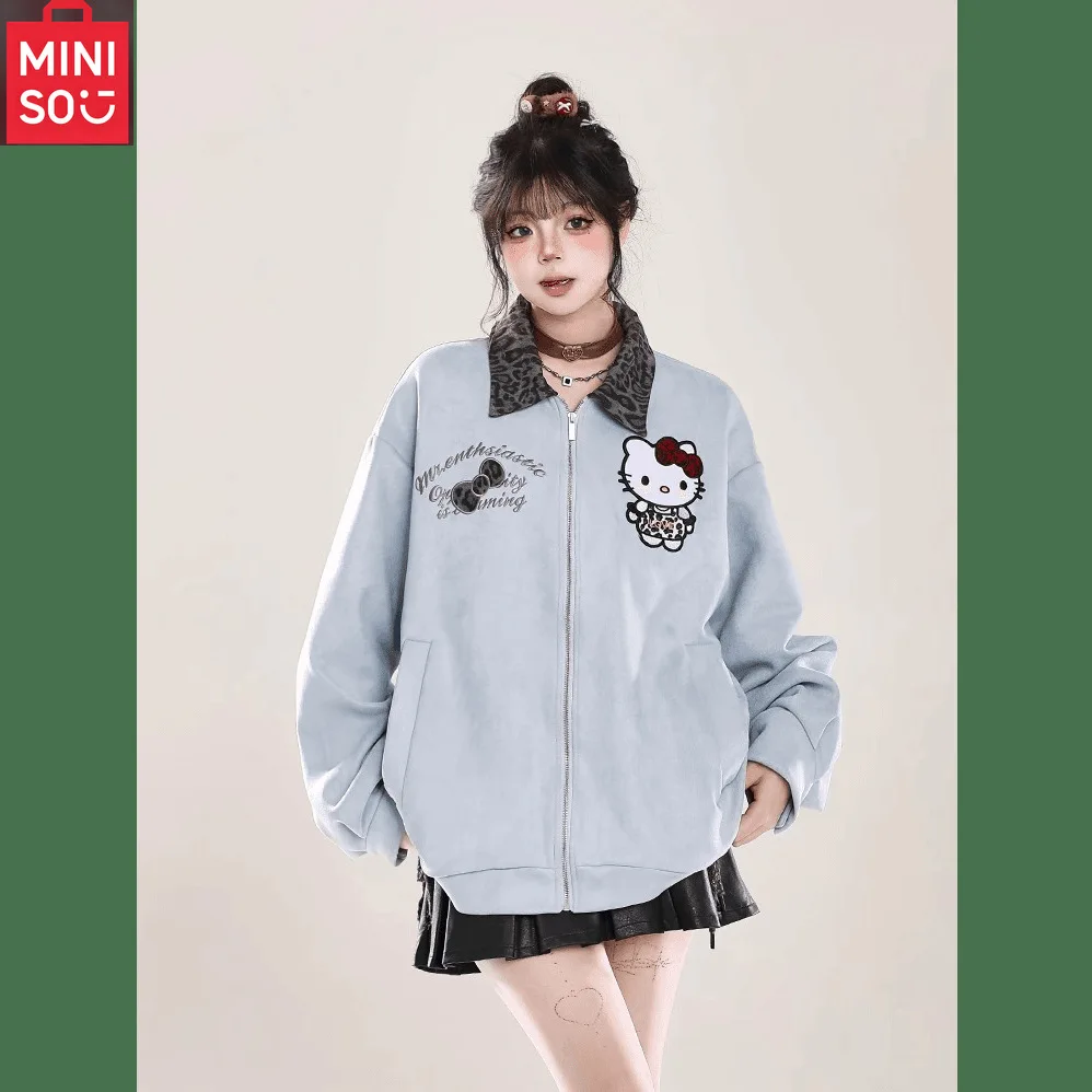 

MINISO Hello Kitty 2025 New Women's Splicing Collar Baseball Jacket Women's Embroidered Loose Zipper Jacket