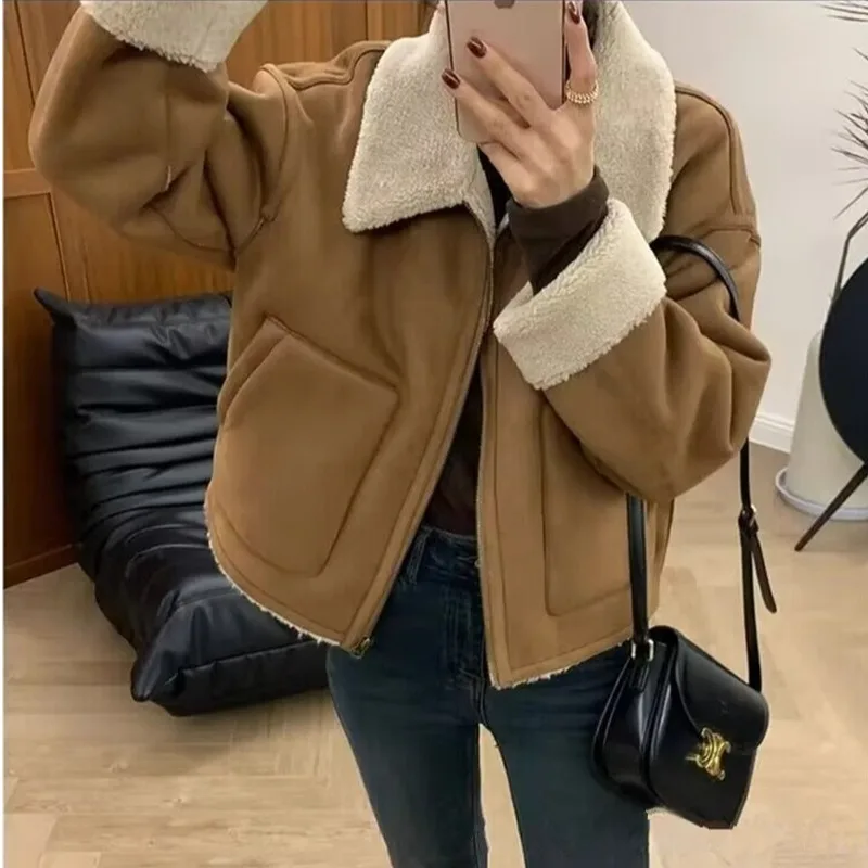 Thiened pele de cordeiro quente Jaet feminino motociclista Sle couro e pele outono inverno casaco ort fechamento com zíper C...