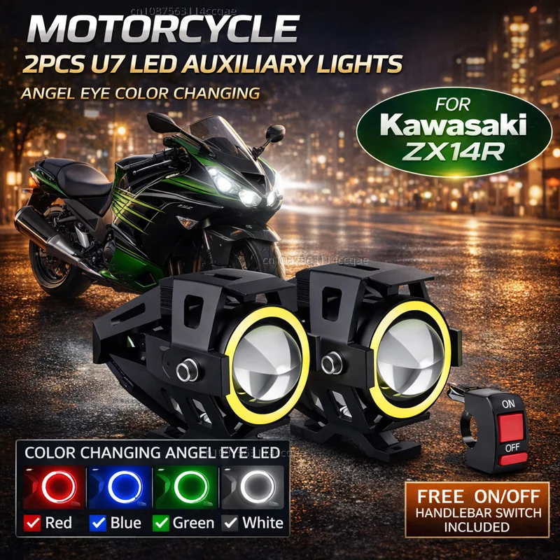 Waterproof Motorcycle LED Headlight 3000LMW U7 Motorbike LED Driving Fog Spot Light with Switch For Kawasaki ZX14R ZX 14R ZX14 R
