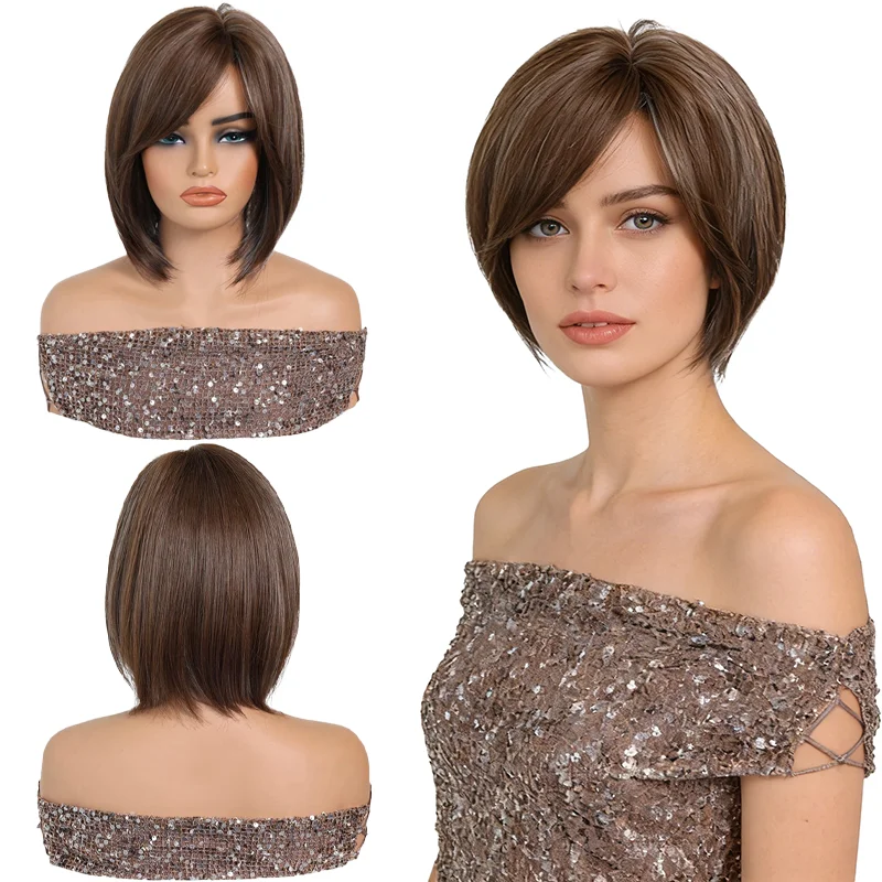 

Dark Brown Bob Wig with Side Bangs Natural Realistic Short Straight Heat Resistant Synthetic Wig For Women Daily Party Dating