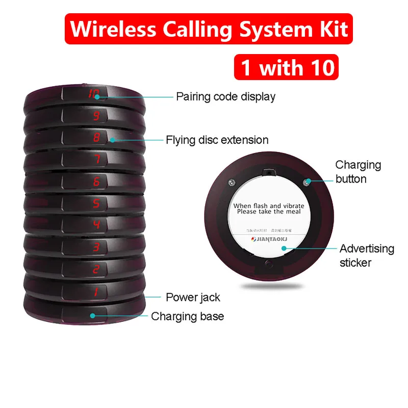 Restaurant Pagers 1 with 10 Round Vibrator for Coffee Food Truck Bar Hotel Coaster Buzzer Beeper Receiver Flashing Light Queuing