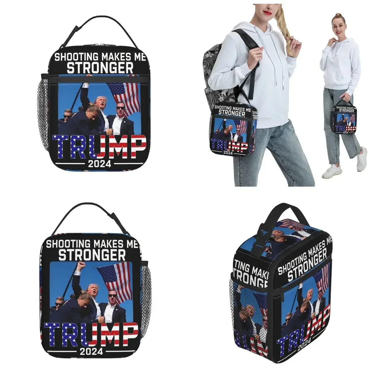 Trump 2024 Shooting Makes Me Stronger Insulated Lunch Bag Trump Presidential Election Food Bag Reusable Cooler Thermal Bento Box