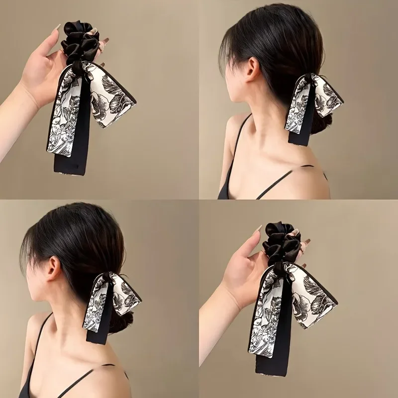 Black Velvet Retro Art Black White Printed Long Ribbon Hairband Bow Shaped Women Curling Elegant Fashion Versatile Decorative