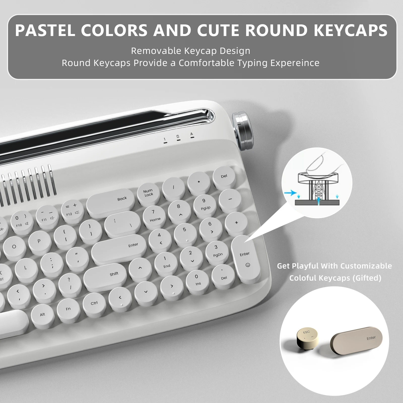 YUNZII B309 Retro Typewriter Keyboard, Upgraded Wireless USB-C/BT Keyboard with Cute Round Keycaps&Integrated Stands for Win&Mac