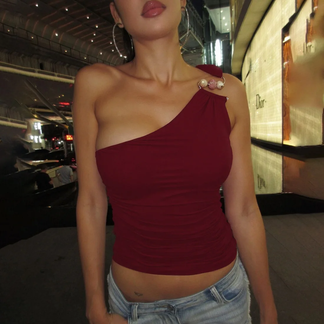 Sexy Diagonal Collar Off Shoulder Tank Top Women Metal Hook Shoulder Strap Bare Midriff Halter Crop Tops Tube Top Cropped Vest