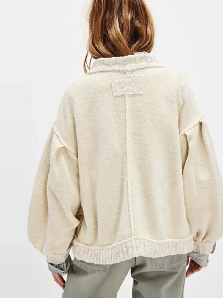 

For Spring Autumn Cute Girls Outerwear Women's Oversized Knit Cardigan with Puff Sleeves Button-Down Textured Casual Jacket Coat