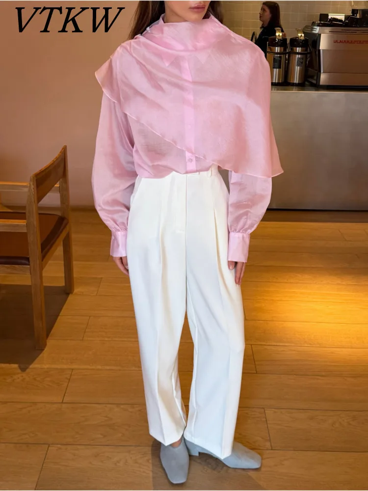 

VTKW 2026 New Women Casual Elegant Blouse Shirt Draped Shawl Collar Long Sleeve Button Front Sheer Luxury Loose Top