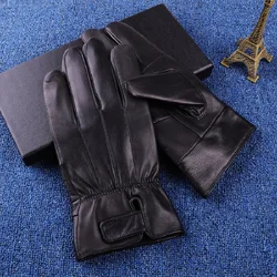 Autumn Winter Simple Men Genuine Sheepskin Black Leather Gloves Unisex Outdoor Cycling Plush And Thick Patchwork Leather Gloves