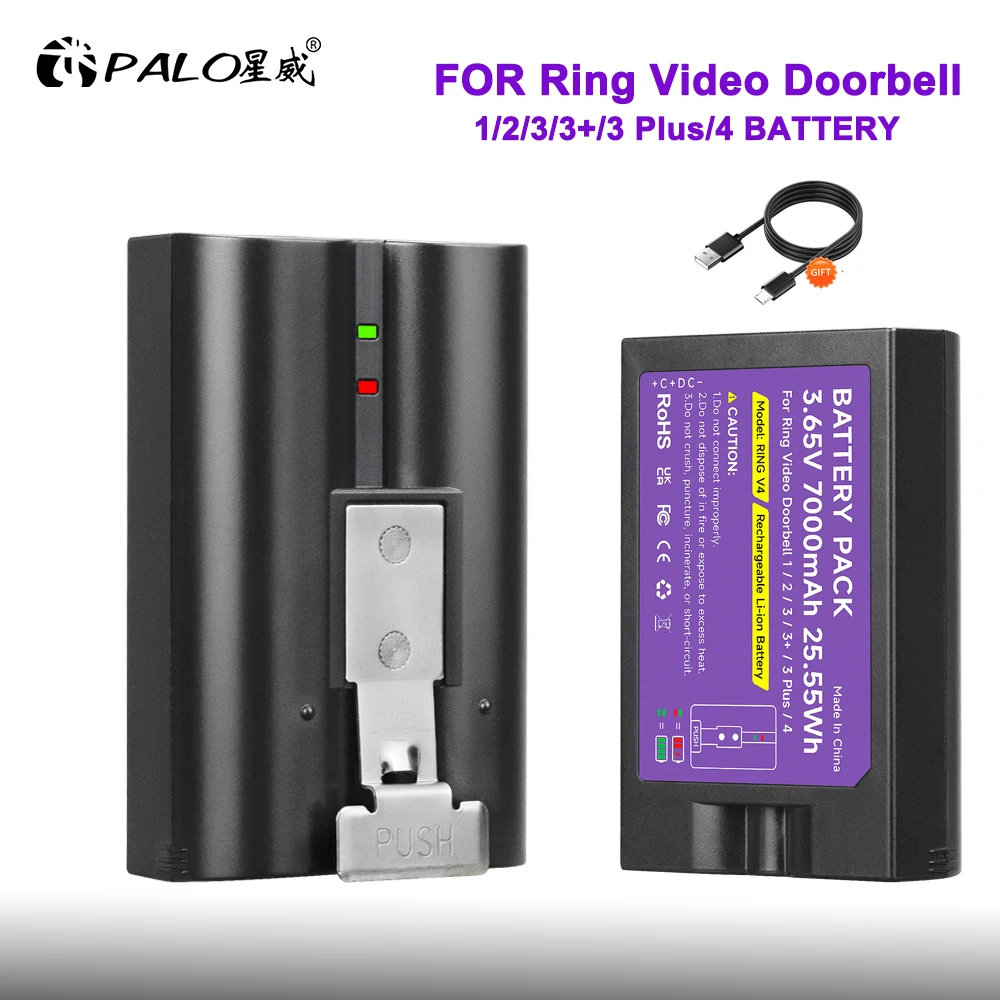 7000 mAh Li-Ionen-Akku für Ring Video Doorbell V4, kompatibel mit Ring Video Doorbell 1/2/3/3 Plus für Stick Up Kamera