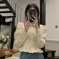 MEXZT Vintage Folds Shirts Women Korean Ruffles Puff Long Sleeve Crop Tops Streetwear Preppy Slim All Match Blouses Spring New