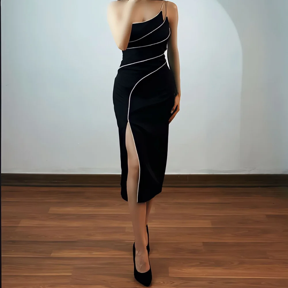 

Zipper Back Classic Strapless Jersey Sleeveless Straight Evening Dress Formal Side Slit Pleats Solid Black Color Knee Length