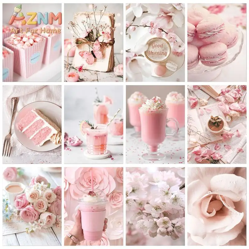 AZNM Pink Sweet Dessert Canvas Wall Art, Macaron Cake Coffee Sakura Flower Photography Print, Soft Aesthetic Kitchen Bedroom Hom