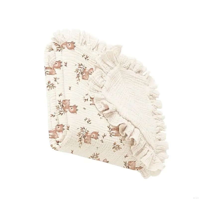97BE 100x90cm Floral Trim Infant Swaddles Blanket Cotton Fabric for Strollers or Crib