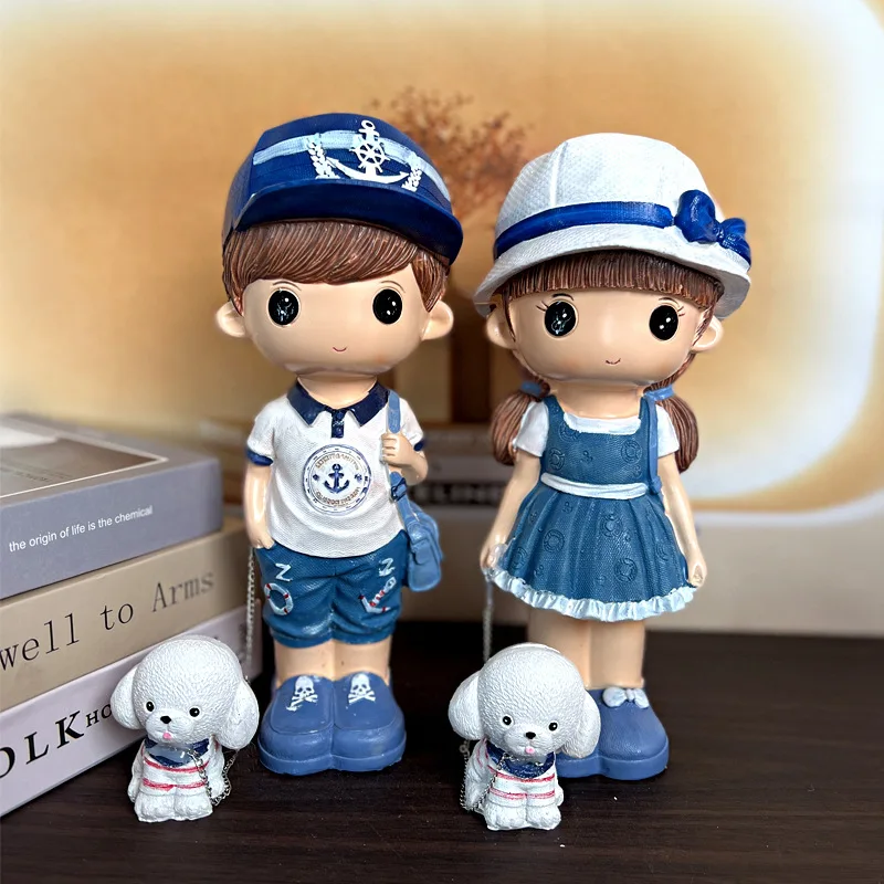 

9x 26cm Dog Couple Piggy Bank Navy Denim Cartoon Doll Piggy Bank Creative Couple Ornaments Gift Hat Doll Desktop Decoration
