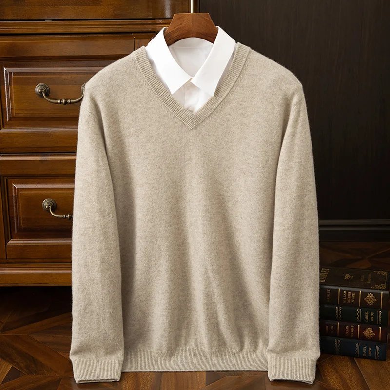 Choice Men's 100% Cashmere Sweater V-neck Pullover Autumn Winter Basic Smart Casual Cashmere Knitwear Long Sleeve Clothing Tops