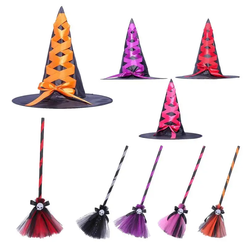 Halloween Witch Hat For Girls Halloween Fairytale Accessories Fancy Witch Dress Up Wizard Witch Hat Broom For Role-Play Cosplay