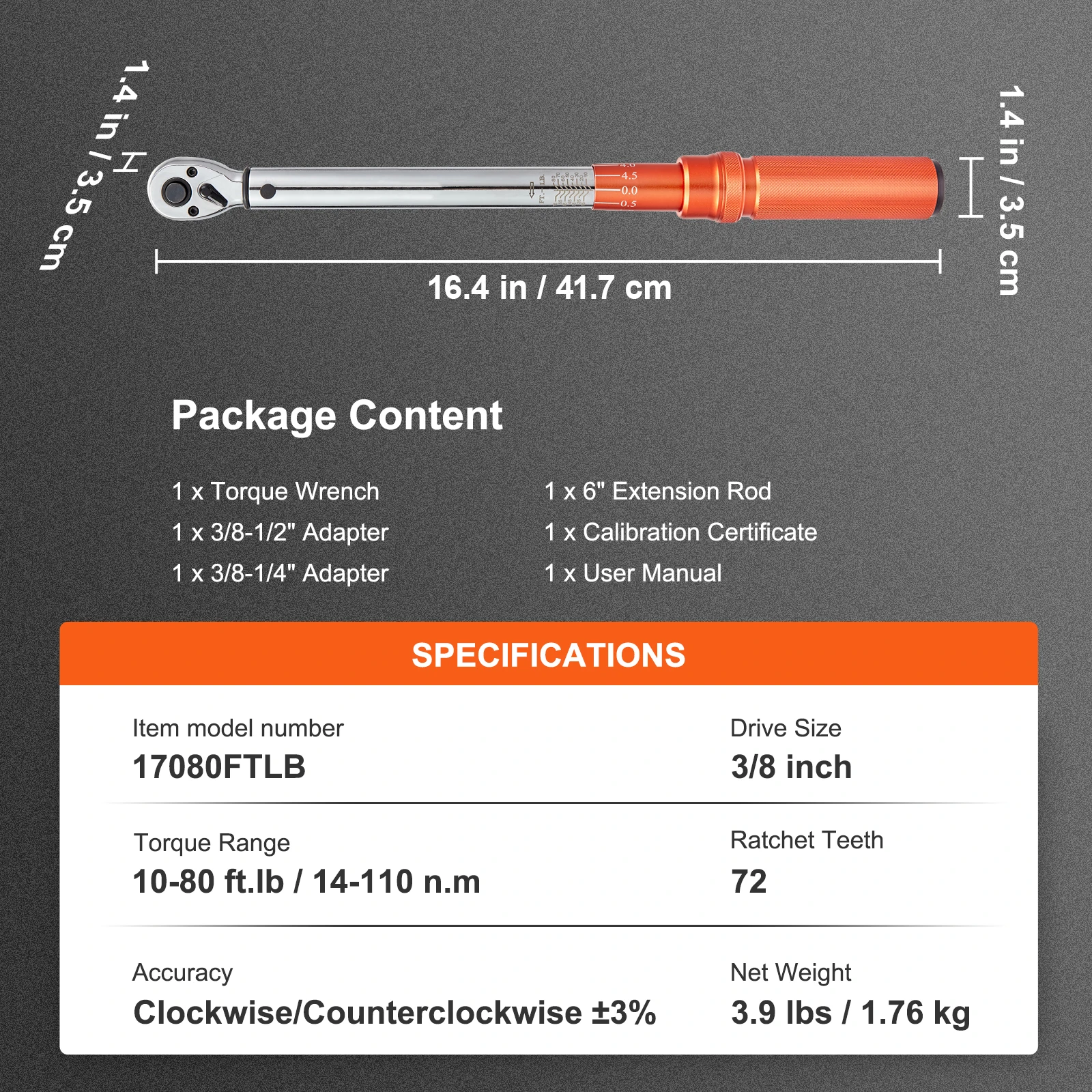 SucceBuy Momentsleutelset Drive Click Momentsleutel Dual-Direction Verstelbare Mechanische Dual Range Weegschalen Momentsleutelset