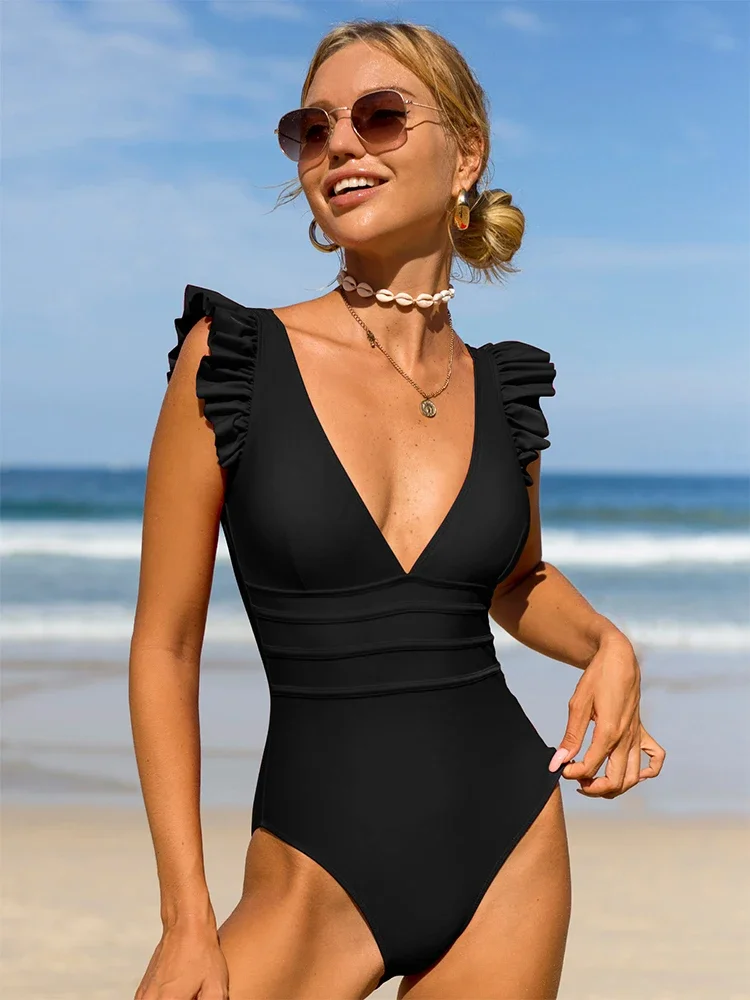 Peachtan 固体水着 2023 新 V ネックビキニレッドワンピース水着女性水着フリル水着背中の開いた水着