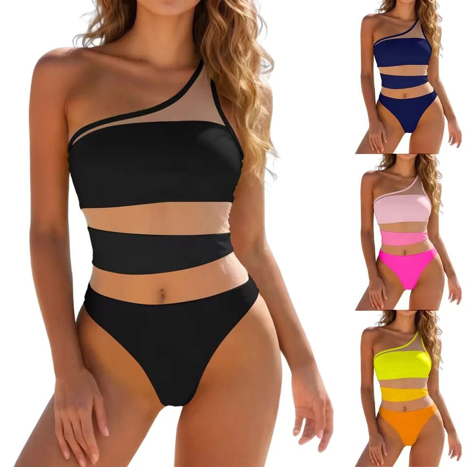 Women Sexy Patchwork Mesh Slimming One Piece Swimsuit One Shoulder Push Up Bathing Suit Solid Color Two Piece Swimsuit
