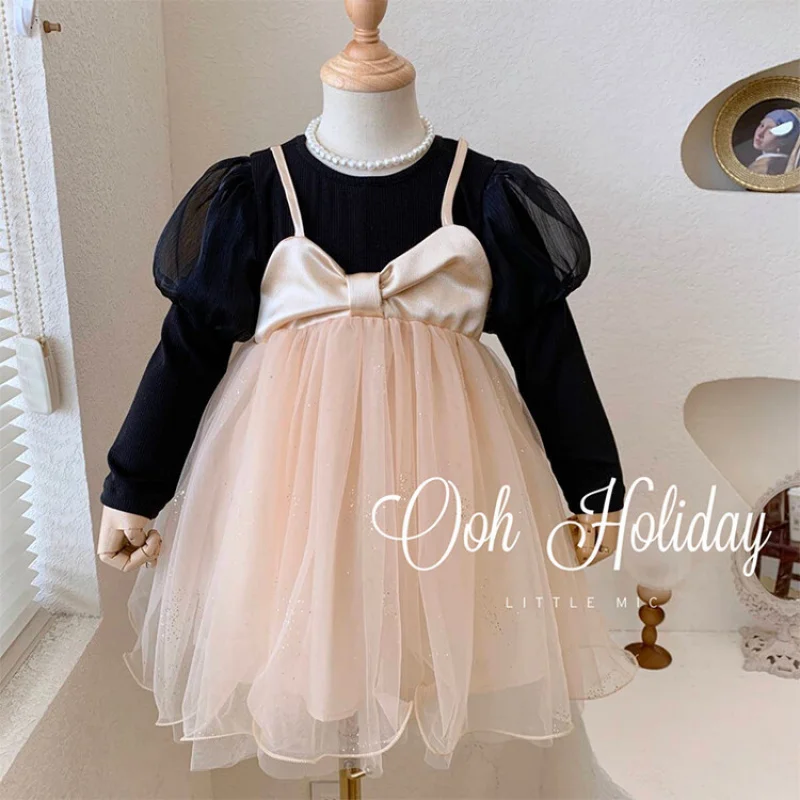

Children's Clothing2025Autumn Girls Hepburn Style Puff Sleeve Princess Dress Little Girl Stylish Fake Two-Piece Dress Baby