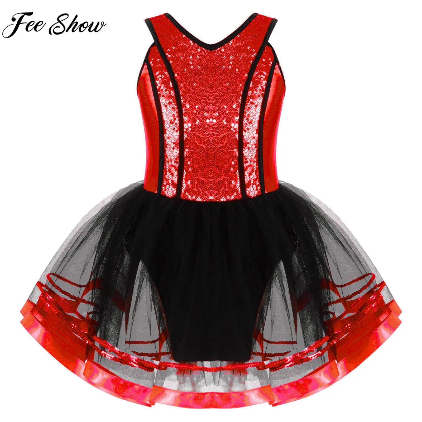 6-16Y Meisjes Ballet Dans Jurk Gymnastiek Turnpakje Ballerina Tutu Mouwloze Shiny Sequin Mesh Party Dancewear