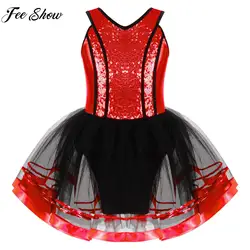 6-16Y Girls Ballet Dance Dress Gymnastics Leotard Ballerina Tutu Sleeveless Shiny Sequin Mesh Party Stage Performance Dancewear