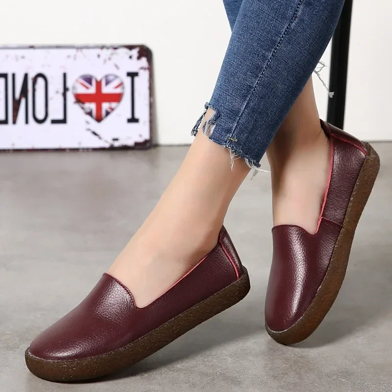 Flats Women Shoes Loafers Genuine Leather Woman Flats Slip On Women\'s Loafer Female Moccasins Shoe Plus Size 35-43