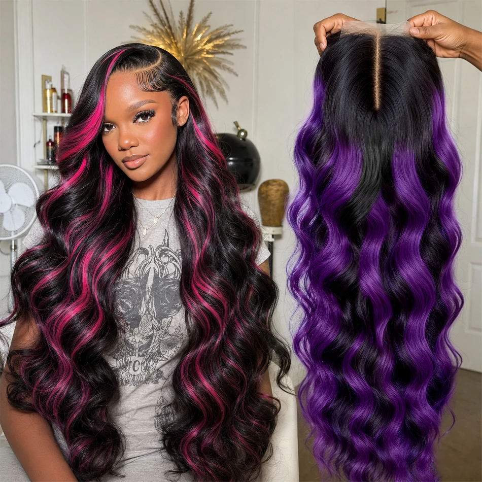 

Brazilian 1B/Pink Ombre 13x4 13x6 HD Lace Frontal Wigs 250% Density Body Wave Dark Purple Highlight Wig Human Hair Colored Wig