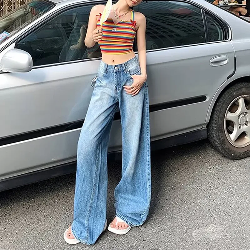 American Retro Washed Wide-leg Jeans Summer New Design Sense Loose Straight Thin Drape Drag Pants Baggy Jeans