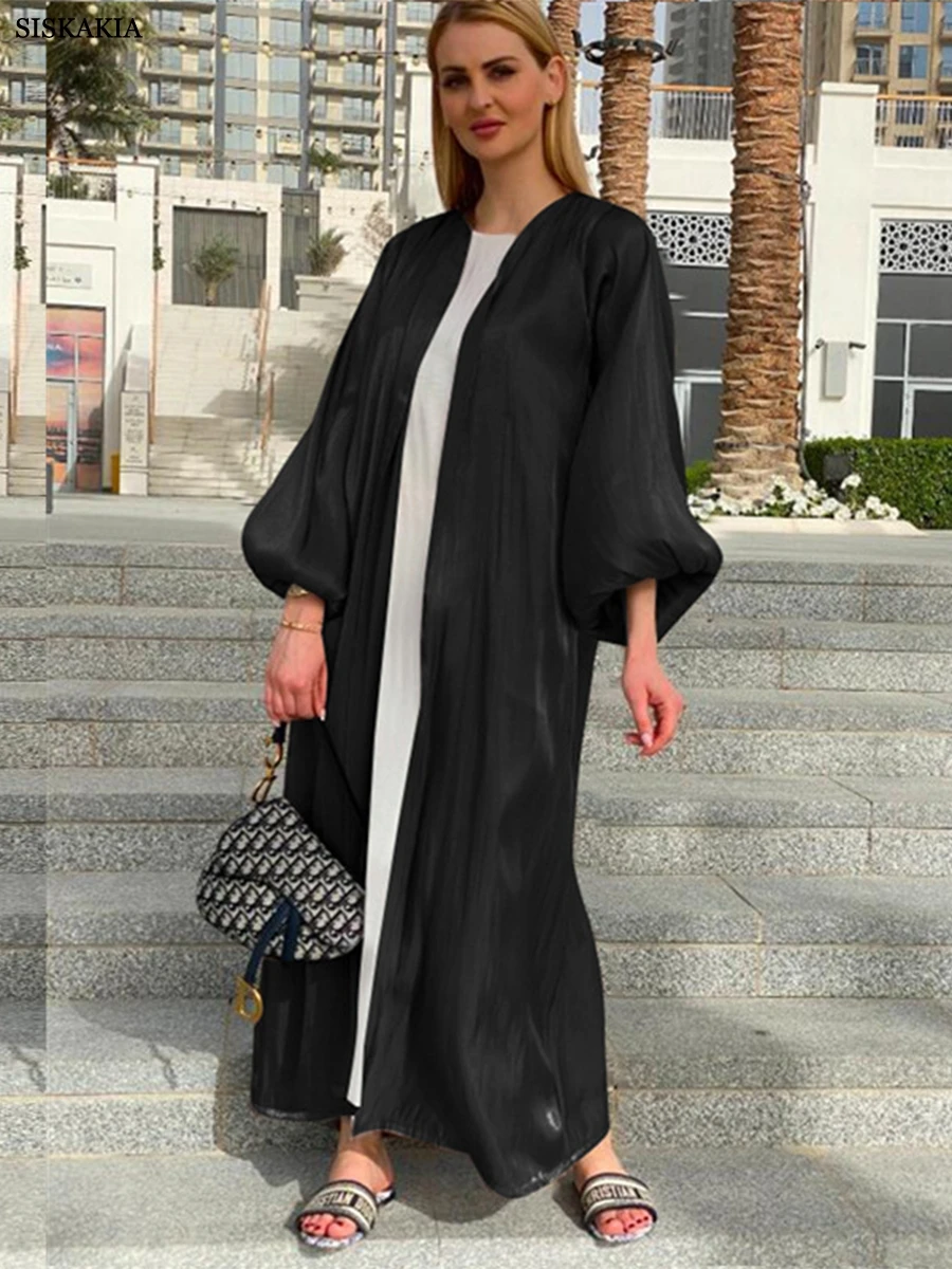 Siskakia Evening Party Hijab Open Kimono Abaya With Sashes Fashion Bright Silk Puff Sleeve Moroccan Gulf Women Robe With Scarf