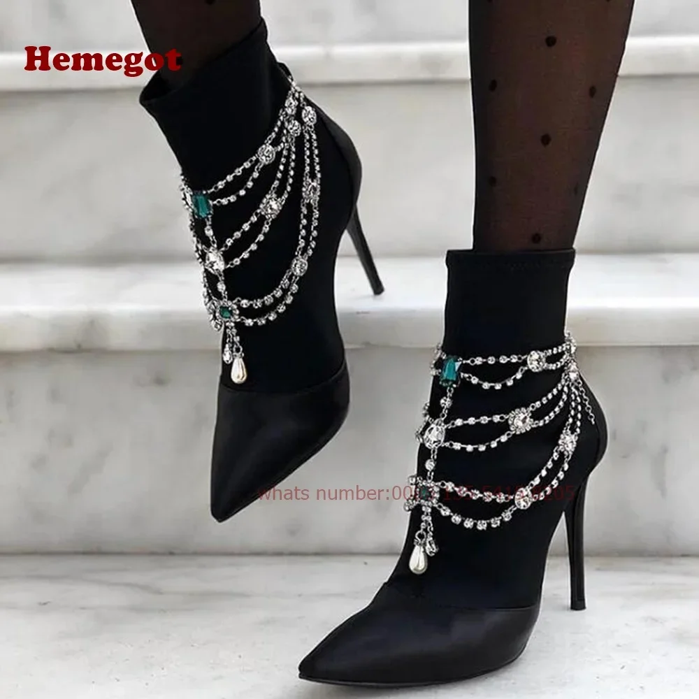 

Черные атласные ботильоны из искусственного кристалла с цепочкой на шпильке, ботильоны с острым носком, эластичные носки и ботинки без шнуровки, зима 2024, роскошь