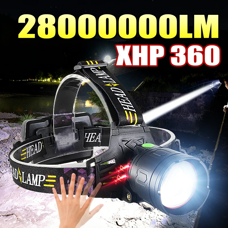 

Налобный фонарь с ИК-датчиком 28000000LM, светодиод XHP360, перезаряжаемый через Type-C, мощный налобный фонарь 18650, с регулируемым фокусом, для рыбалки