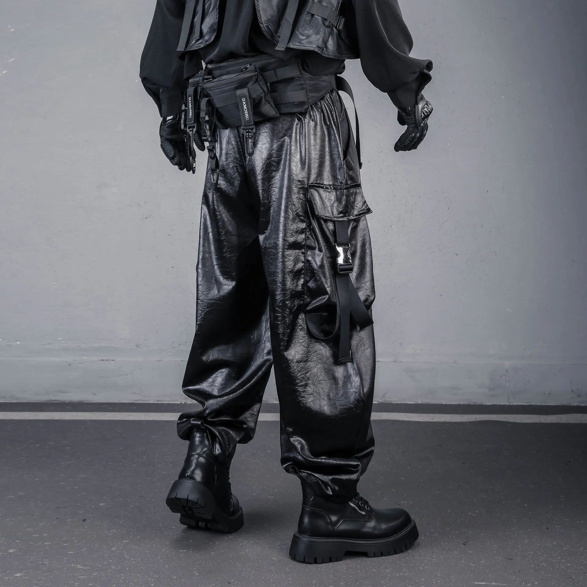 Designer Techwear Large Pocket Glossy Dark Pattern PU Leather Pants Dark Loose Large Size Skinny Casual Pants Overalls